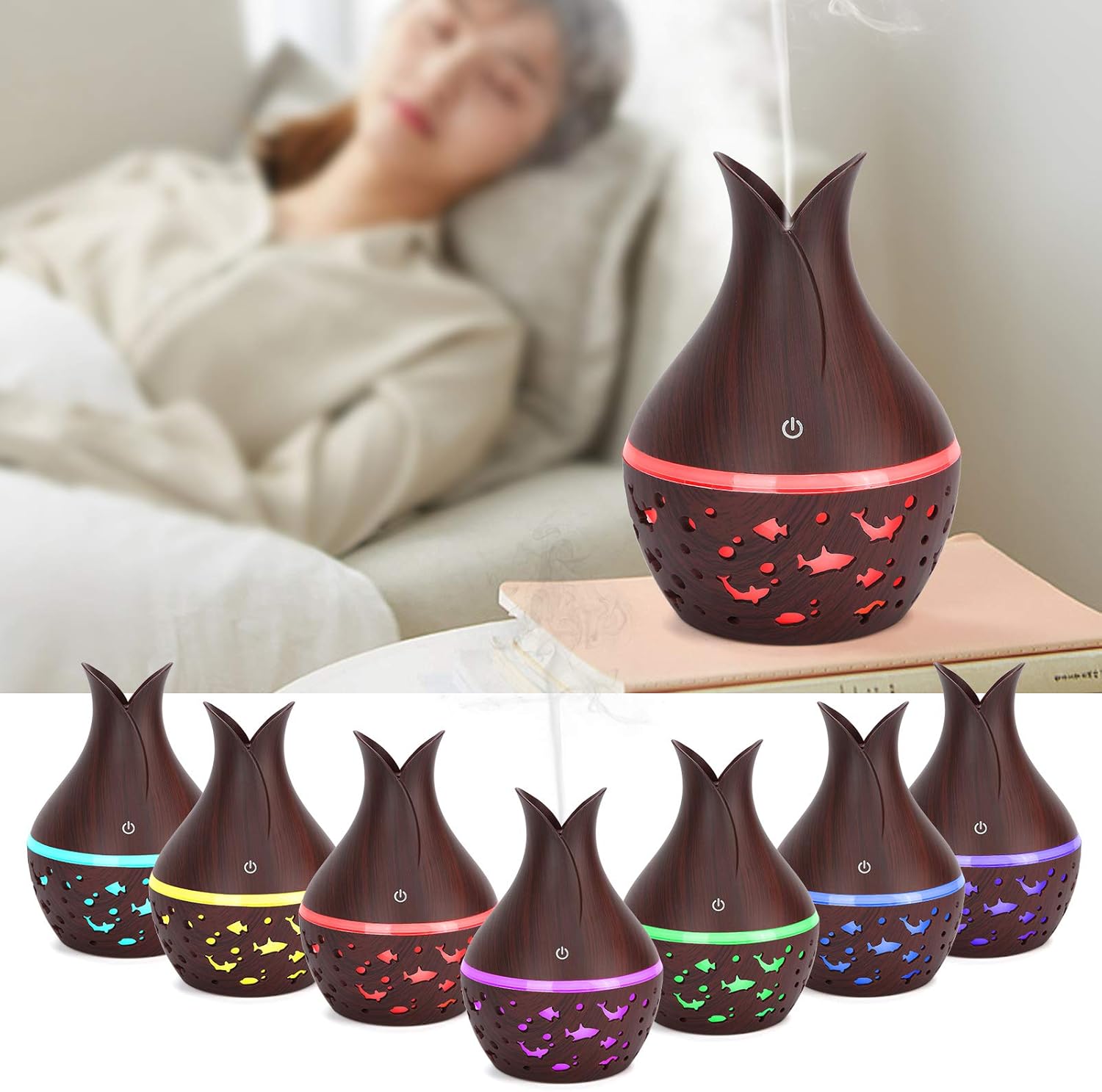 Diffuseur d’Huiles Essentielles & Humidificateur – Veilleuse LED Ciel Étoilé, Effet Bois – Image 4