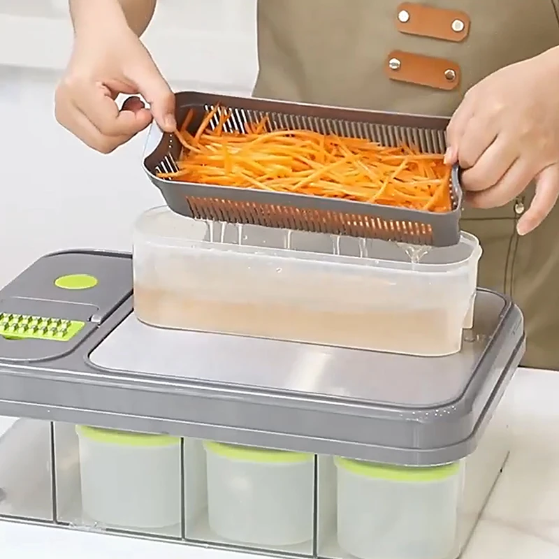 Coupe-Légumes Multifonction 13-en-1 – Hachoir Mandoline Rapide, Râpe Sûre avec Conteneur – 45cm x 30cm x 13.8cm – Image 3