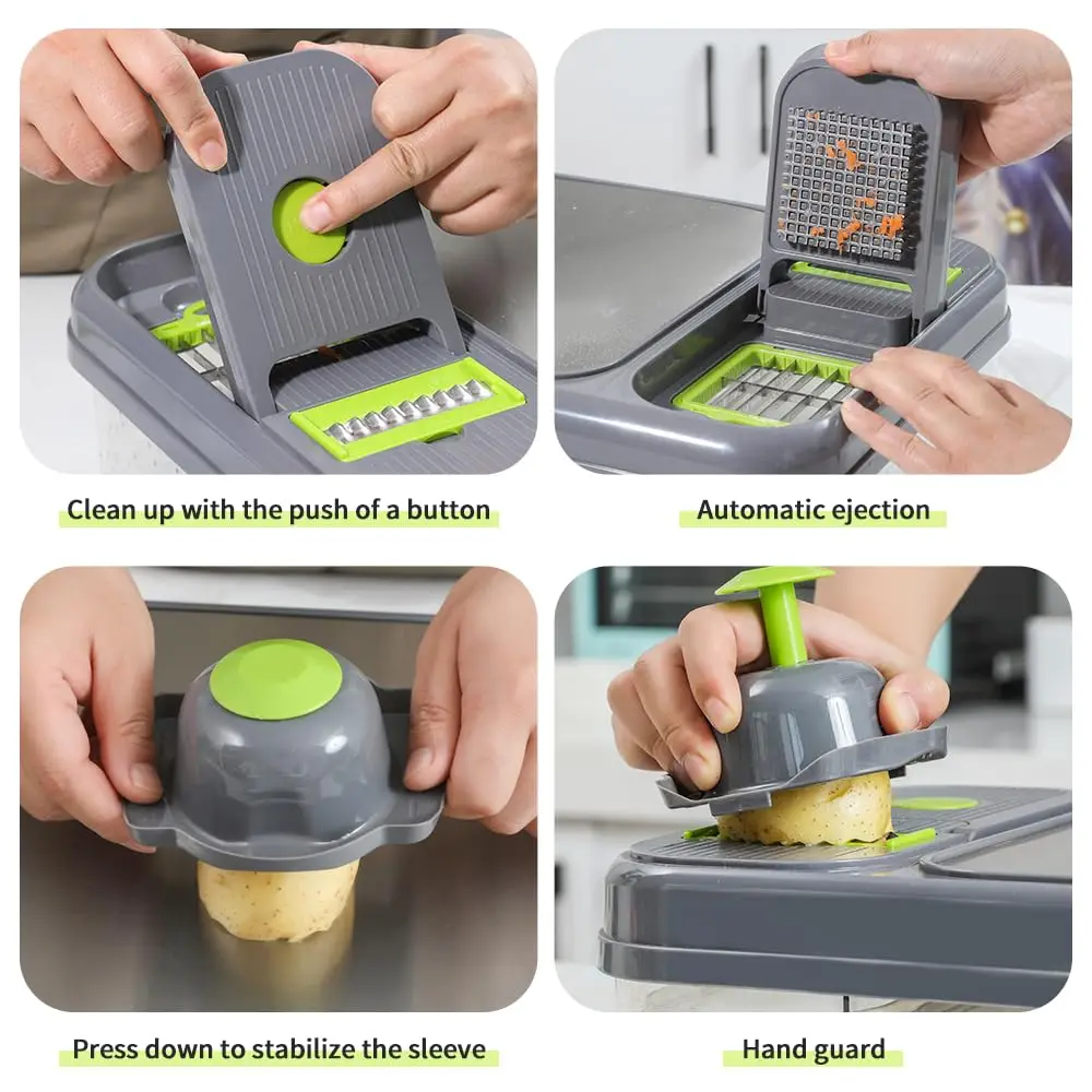 Coupe-Légumes Multifonction 13-en-1 – Hachoir Mandoline Rapide, Râpe Sûre avec Conteneur – 45cm x 30cm x 13.8cm – Image 5